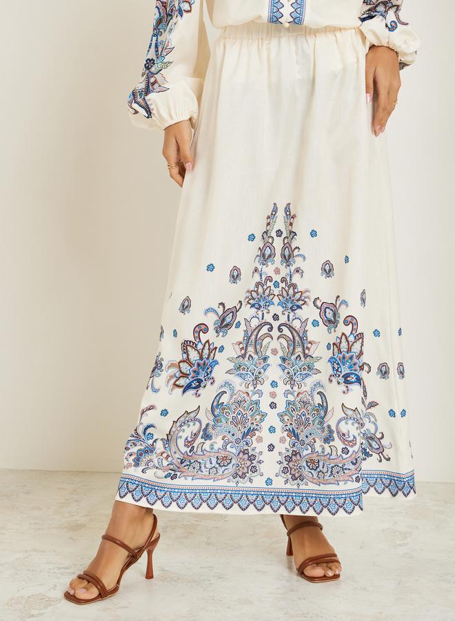 Styli Women Cream Printed A-Line Maxi Skirt - Image 1